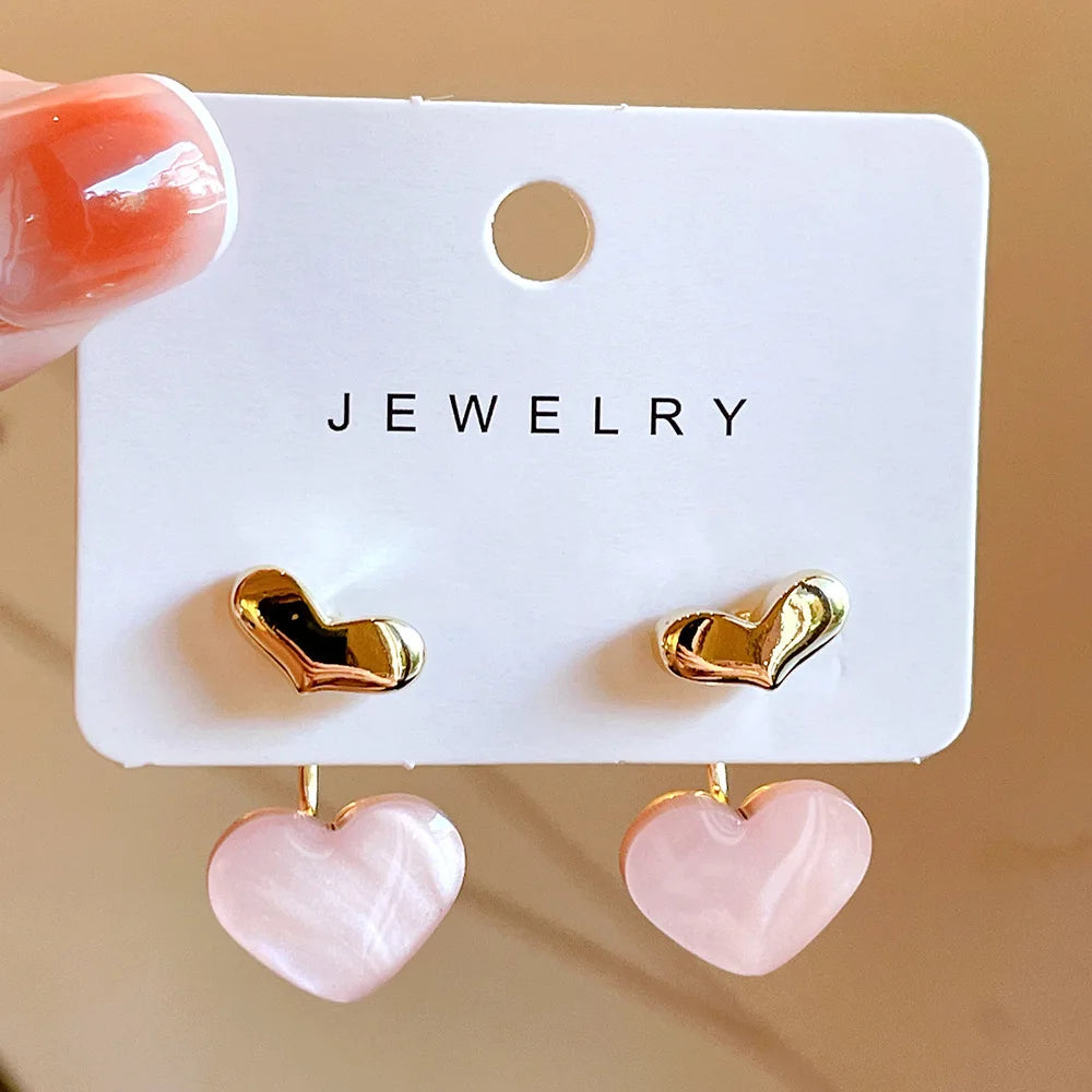 Cute Heart Drop Earrings for Woman with Pink Opal Gold Color Teens Unusual Korean Hanging Earrings Trend 2023 Accessory