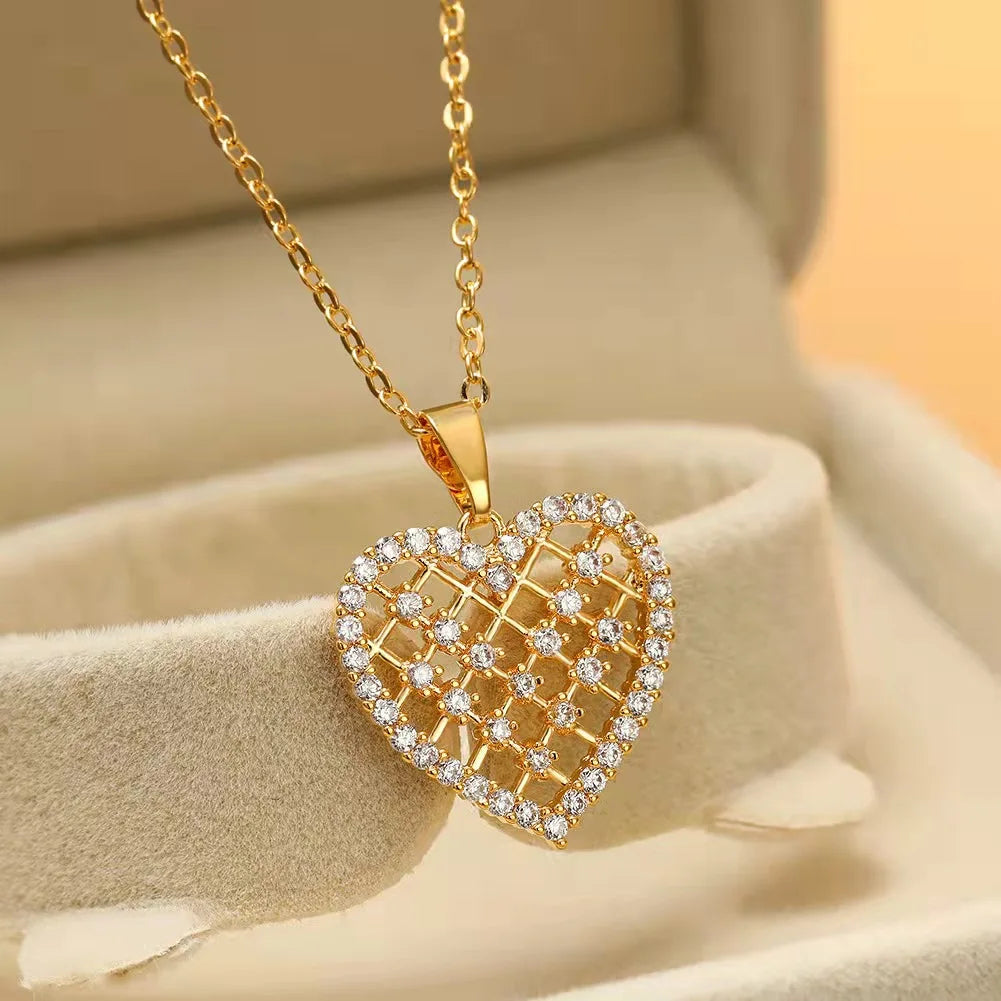 Cute Romantic Zircon Crystal Reticular Heart Pendant Women Necklaces Korean  Female Wedding Jewelry Ladies Clavicle Chain