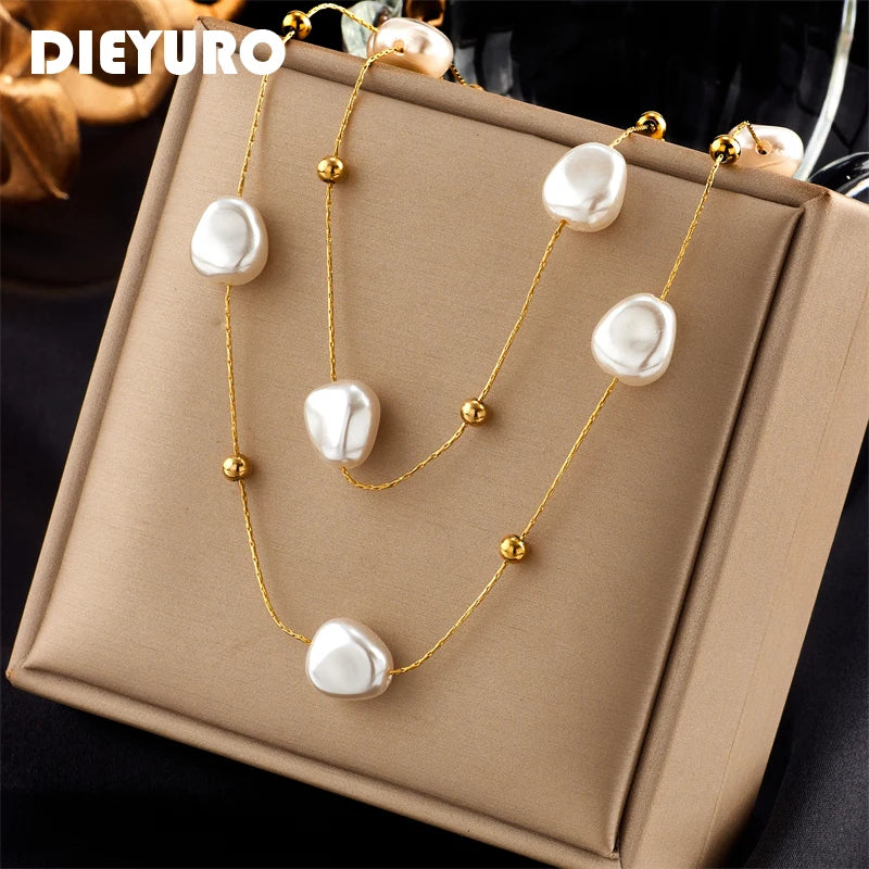 DIEYURO 316L Stainless Steel 2in1 Large Pearl Pendant Necklace For Women  Trend Girls Neck Jewelry Chain Party Wedding Gift