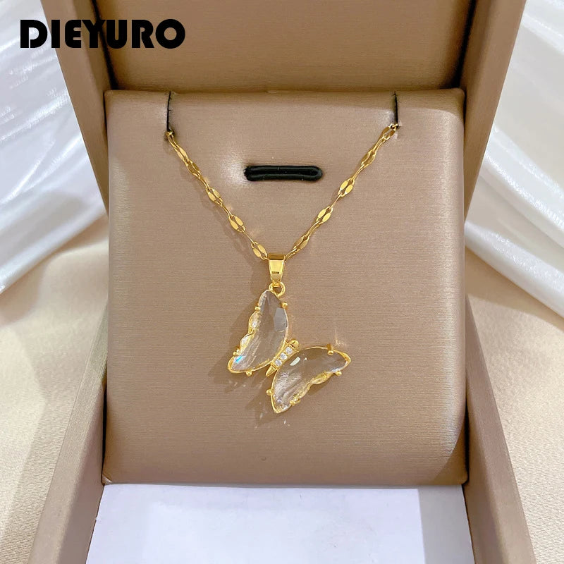 DIEYURO 316L Stainless Steel Butterfly Crystal Pendant Necklace For Women Girl  Trend   Neck Chain Jewelry Gift Party