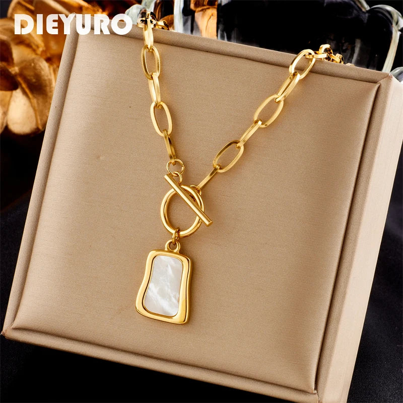 DIEYURO 316L Stainless Steel Geometric Trapezoidal Pearl Oyster Pendant Necklace For Women  OT Buckle Chains Jewelry Gifts