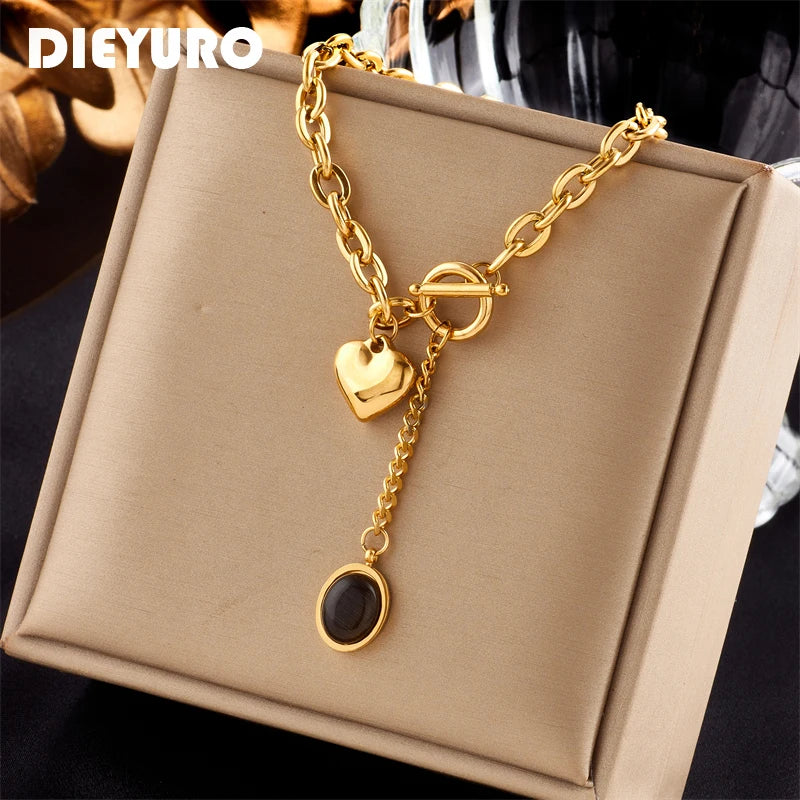 DIEYURO 316L Stainless Steel Heart Black Stone Pendant Necklace For Women  Trend Girls OT-Buckle Chain Jewelry Festive Gifts