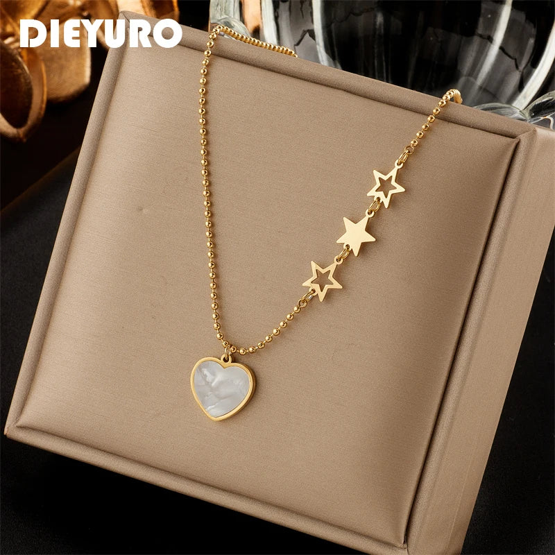 DIEYURO 316L Stainless Steel Heart Necklace For Women  Ladies Star Clavicle Chain Girls Party Casual Body Jewelry Gift