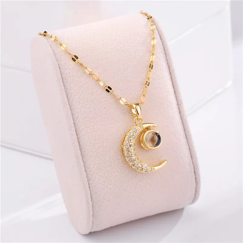DIEYURO 316L Stainless Steel Moon Projection Pendant Necklace For Women   Rhinestone Clavicle Chain Girls Jewelry Gift
