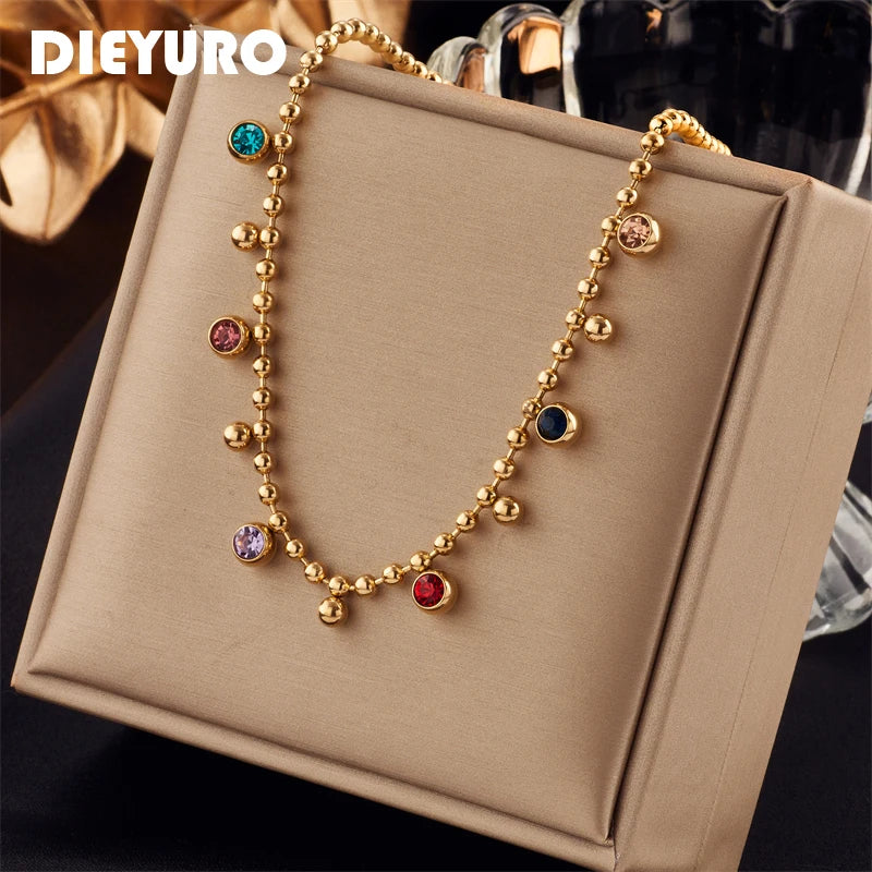 DIEYURO 316L Stainless Steel Multicolor Crystal Zircon Necklace For Women  Lady Ball Chain Wedding Party Jewelry Gifts