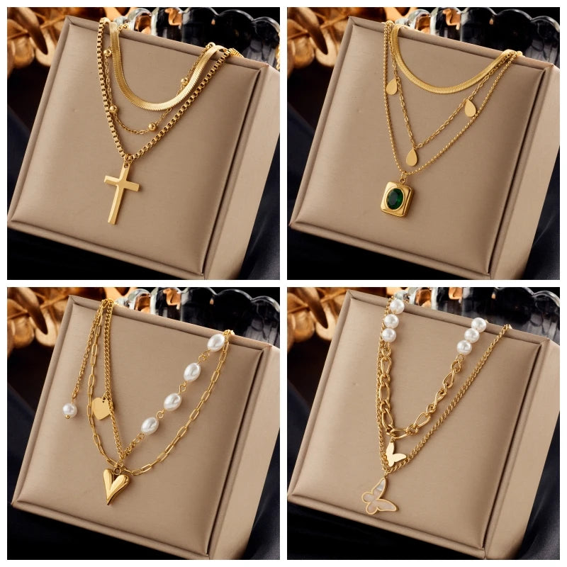 DIEYURO 316L Stainless Steel Pearl Heart Butterfly Cross Pendant Necklace For Women  Girls Clavicle Chain Jewelry Gifts