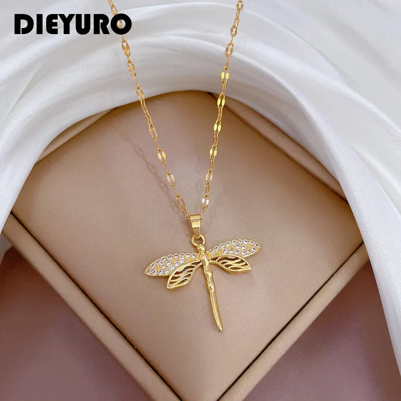 DIEYURO 316L Stainless Steel Personality Dragonfly Pendant Necklace For Women  Girls Clavicle Chain Party Jewelry Gifts