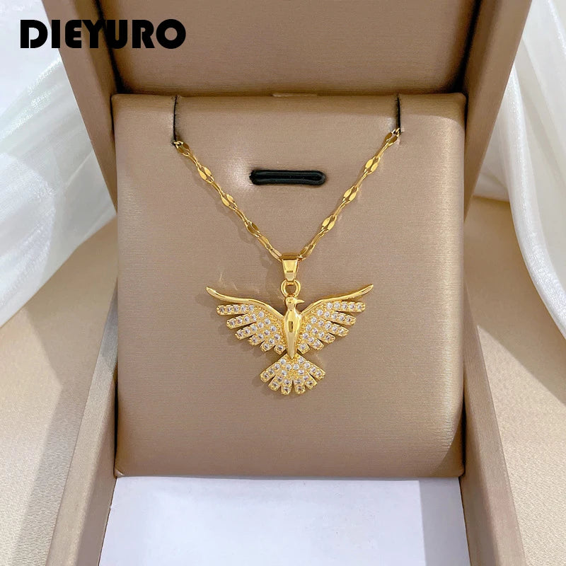 DIEYURO 316L Stainless Steel Phoenix Eagles Pendant Necklace For Women Girl   Trend Choker Neck Chain Jewelry Gift Party