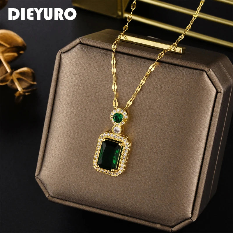 DIEYURO 316L Stainless Steel Square Green Red Zircon Pendant Necklace For Women Classic   Girls Jewelry Chain Birthday Gift