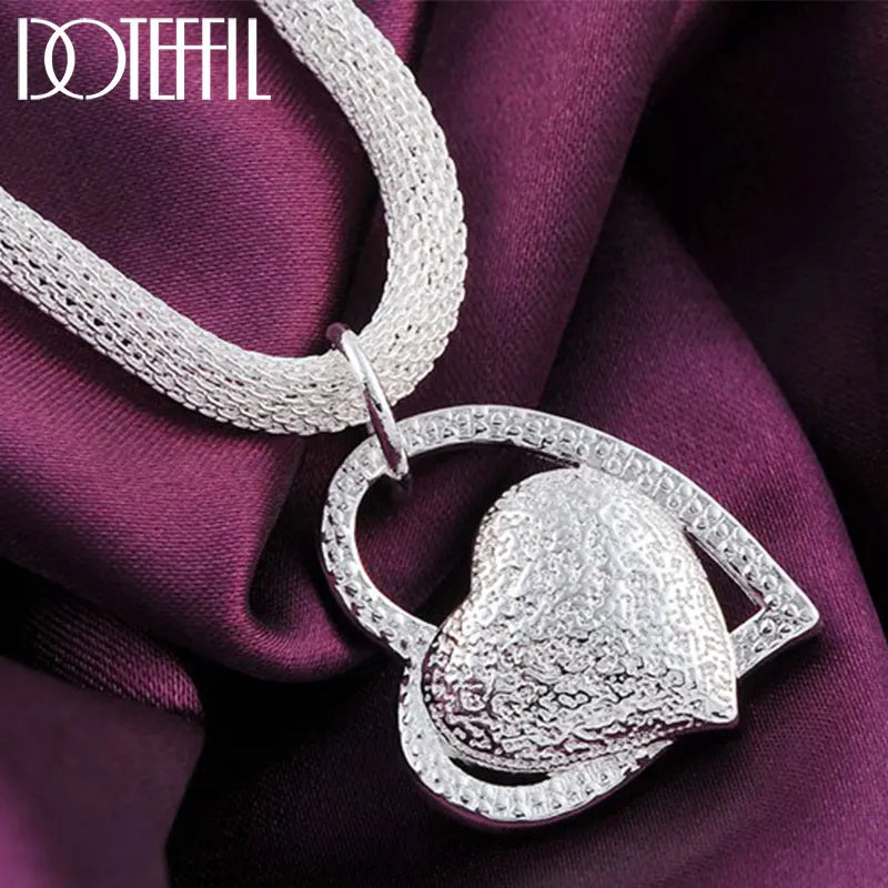 DOTEFFIL Silver Color 18 Inch Double Heart Pendant AAA Zircon Necklace For Women  Wedding Charm Jewelry