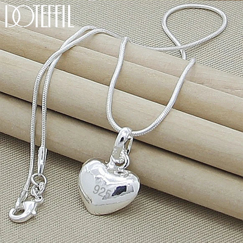 DOTEFFIL Silver Color Solid Small Heart Pendant Necklace 16-30 Inch Snake Chain For Women Wedding Charm  Jewelry