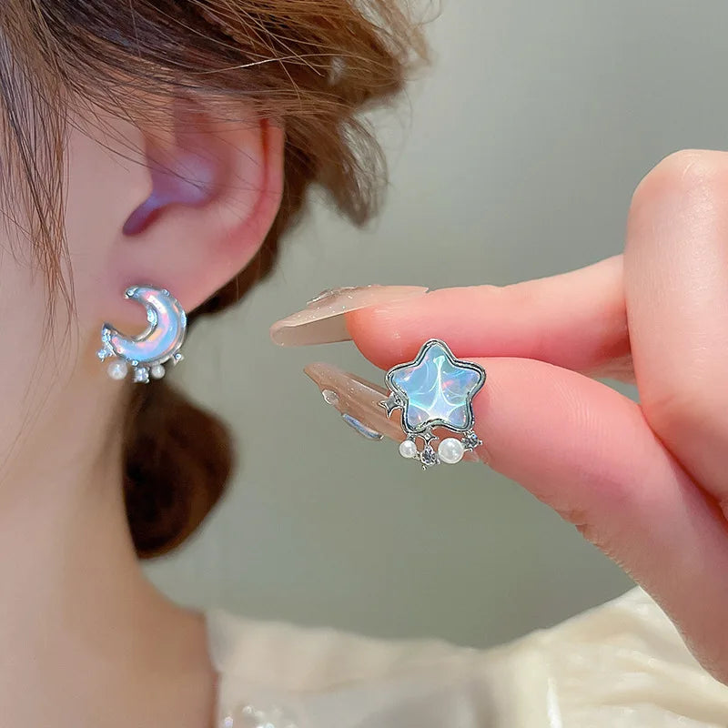 Delicate Cute Resin Moon Star Stud Earrings for Women Korean New Asymmetric Earrings Girls Party Jewelry