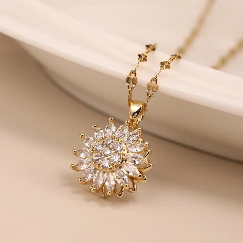 Double-layer Rotatable Sunflower Necklaces For Women Chain Choker Stainless Steel Jewelry Accessories   Items
