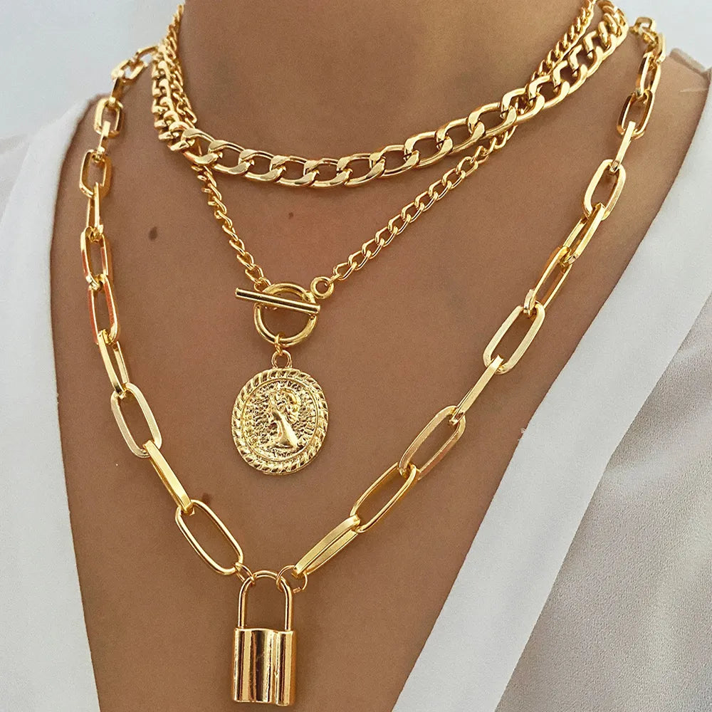 EN Charm  Multilayer Gold Color Thick Chain Lock Pendant Necklace  Jewelry Vintage Coin Choker Necklace for Women