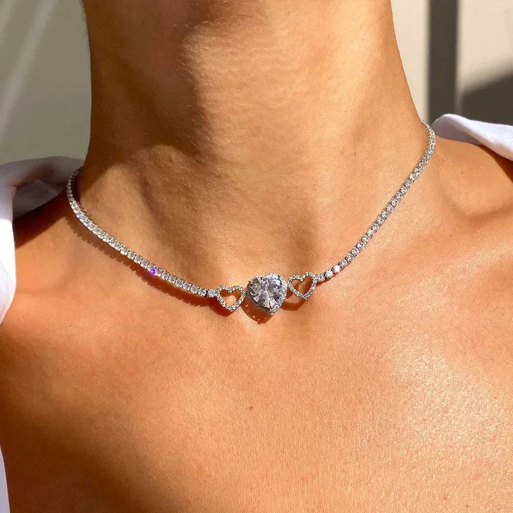 Elegant Choker Iced Out Tennis Chain Necklace For Women Luxury Heart Cubic Zircon Crystal Wedding Party Neck Accessories Jewelry