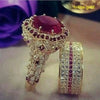 Elegant  Gold Color Hip Hop Ring for Women  Inlaid Zircon Red Stones Wedding Rings Set Party Bridal Engagement Jewelry