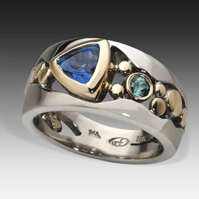 Elegant Women Silver And Gold Color  Ring Hollow Out Inlaid Blue Stone Engagement Rings For Women Wedding Jewelry