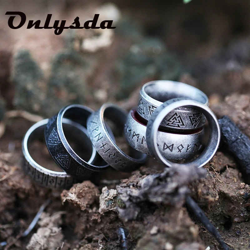 Engrave Name DIY Stainless Steel Odin Norse Viking Amulet Rune Men Women Ring Words Retro Jewelry Lcuky Gift