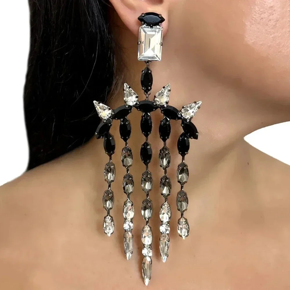 Exaggerated Black Crystal Long Tassel Earrings Wedding Accessories 2024 Design Rhinestone Hanging Earrings for Women