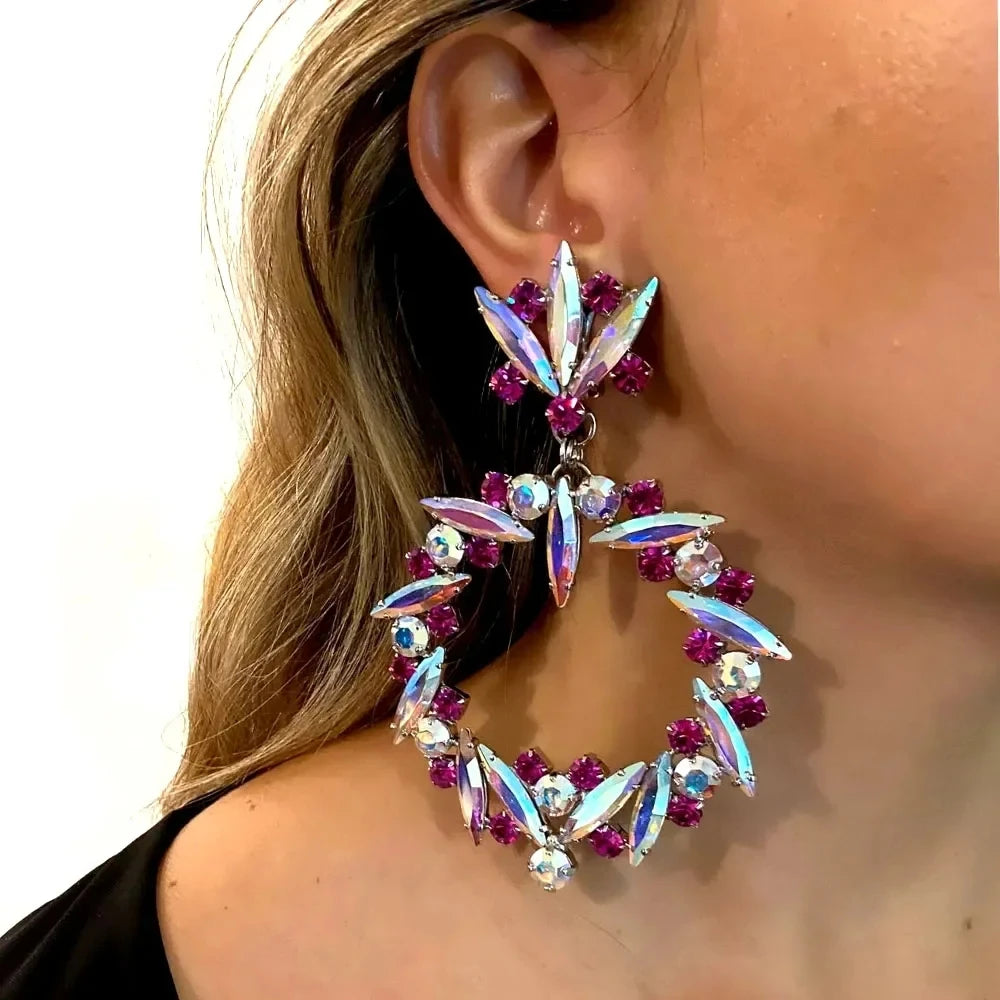 Exaggerated Oversize Hoop Earrings Rhinestone Jewelry Colorful Crystal Round Stud Earrings for Drag Queen Accessories