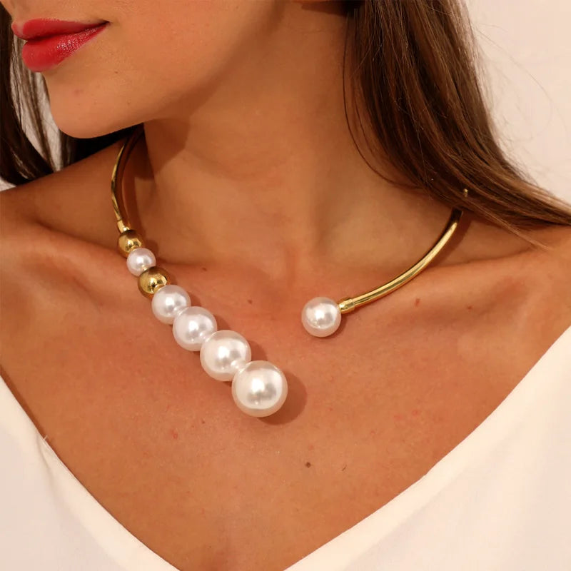 Exaggerated Pearl Necklace For Women Simple Versatile Golden Bead Opening Collar Exquisite Clavicle Korean  Jewelry Gifts
