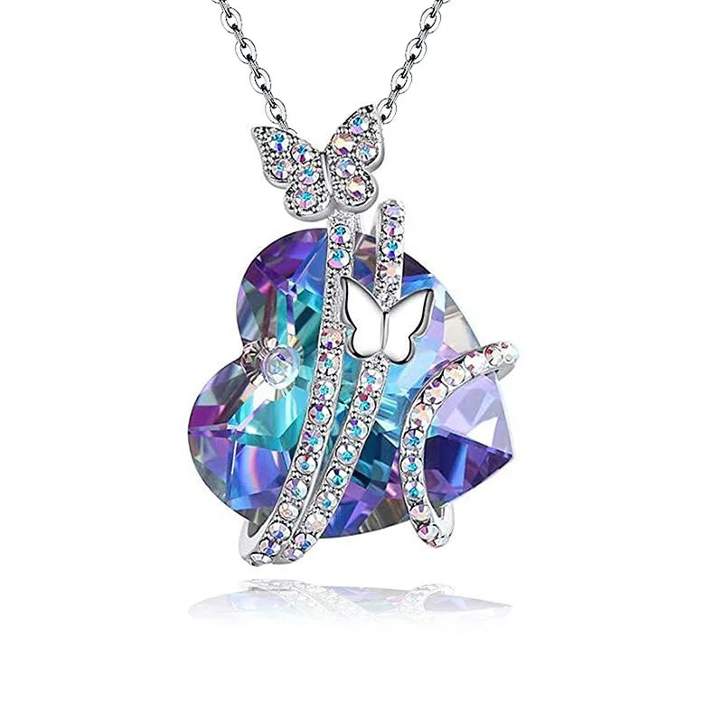 Exquisite  Creative Multicolor Heart Shaped Crystal Necklace Colorful Rhinestone Butterfly Women's Banquet Jewelry