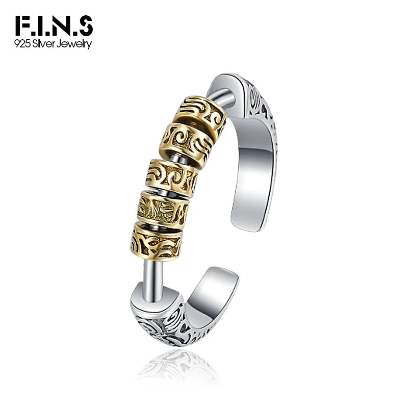 F.I.N.S S925 Sterling Silver Gold Tangcao Pattern Movable Beads Open Ring Retro Old Adjustable Relief Carved Finger Fine Jewelry