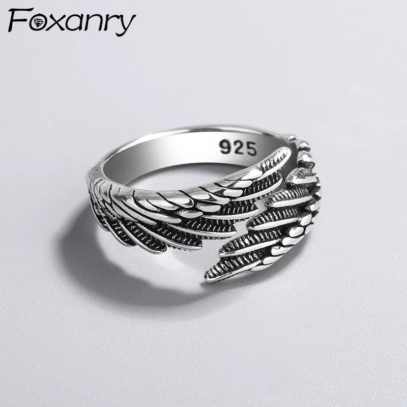 FOXANRY Silver Color Rings  Hip Hop Vintage Couples Creative Wings Design Thai Silver Party Jewelry Birthday Gifts