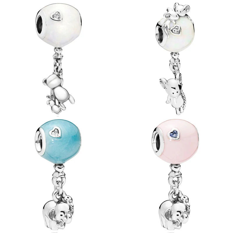 Bear & Rabbit Mouse Elephant Floating Balloon Pendant Beads 925 Sterling Silver Charms Fit Bracelet DIY Jewelry