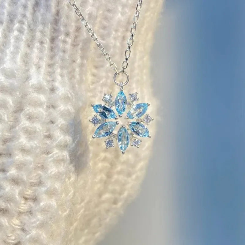 Blue Snowflake Flower Pendant Choker Necklace for Women's Zircon  Year Gift Party Festival Clavicle Chain Jewelry
