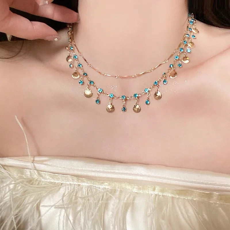 Blue Zircon Gold Color Shell Pendant Necklace Summer Beach Accessories Set Shiny Shell Double Layered Bracelet for Women