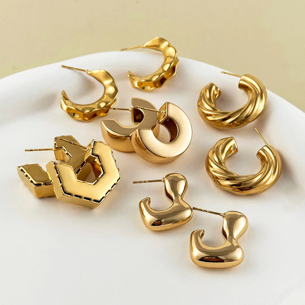 Chunky C Shape Twisted Hoop Earrings for Women Stainless Steel Thick Geometric Earring Punk Hiphop Jewelry Brincos 2024