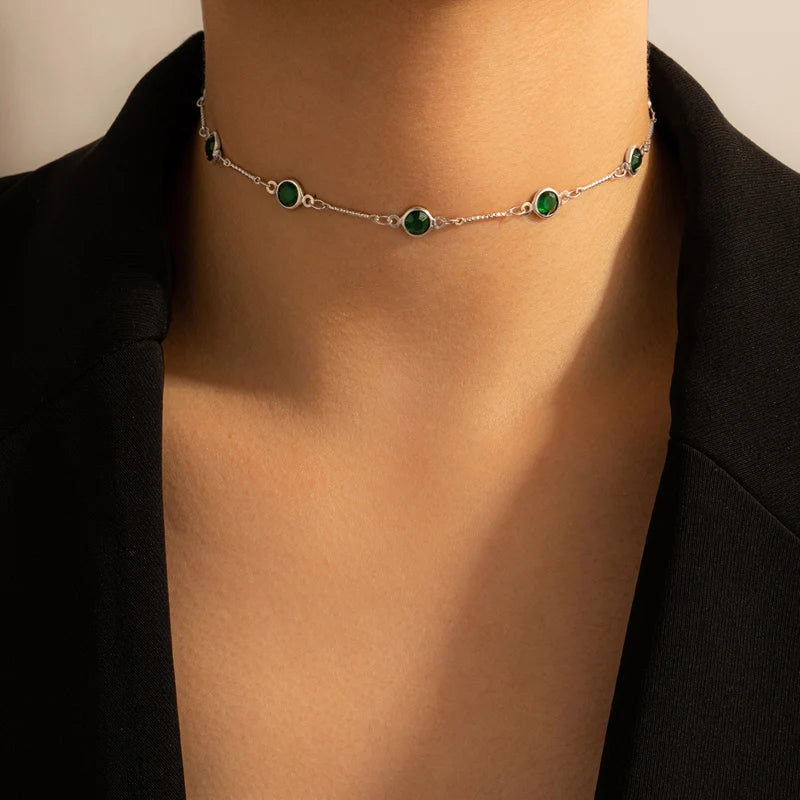 Colorful Crystal Clavicle Choker Necklace for Women Round Rhinestone Beads Gold Color Chains Jewelry on the Neck
