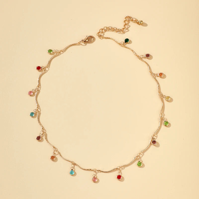 Colorful Crystal Clavicle Choker Necklace for Women Round Rhinestone Beads Gold Color Chains Jewelry on the Neck