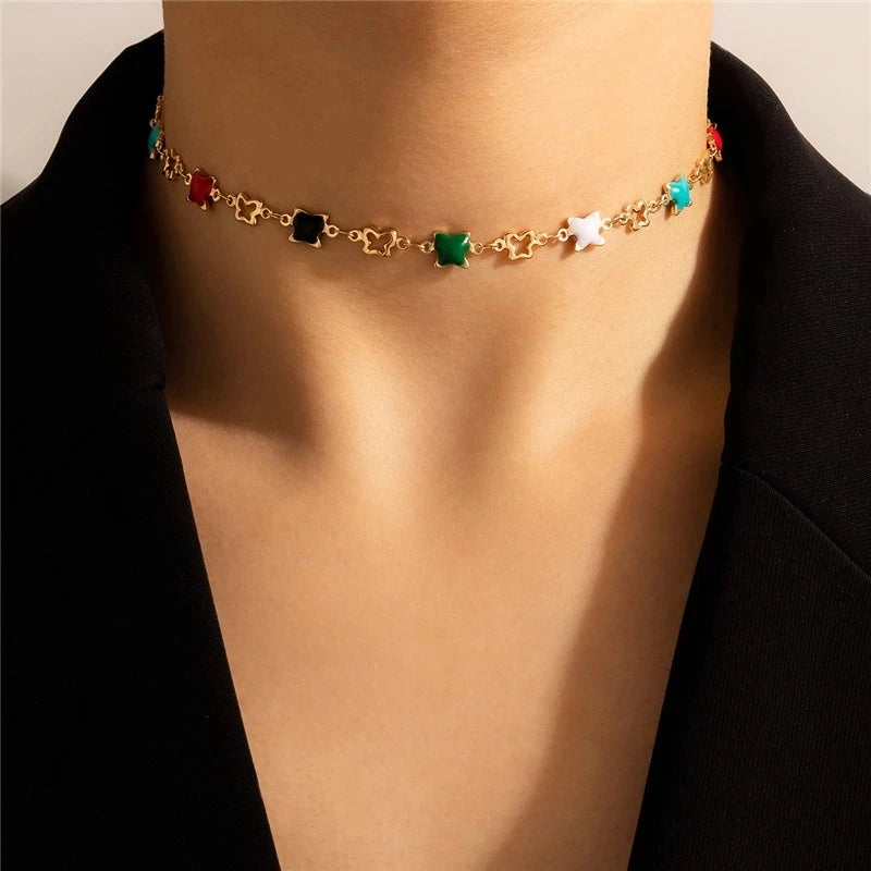 Colorful Crystal Clavicle Choker Necklace for Women Round Rhinestone Beads Gold Color Chains Jewelry on the Neck