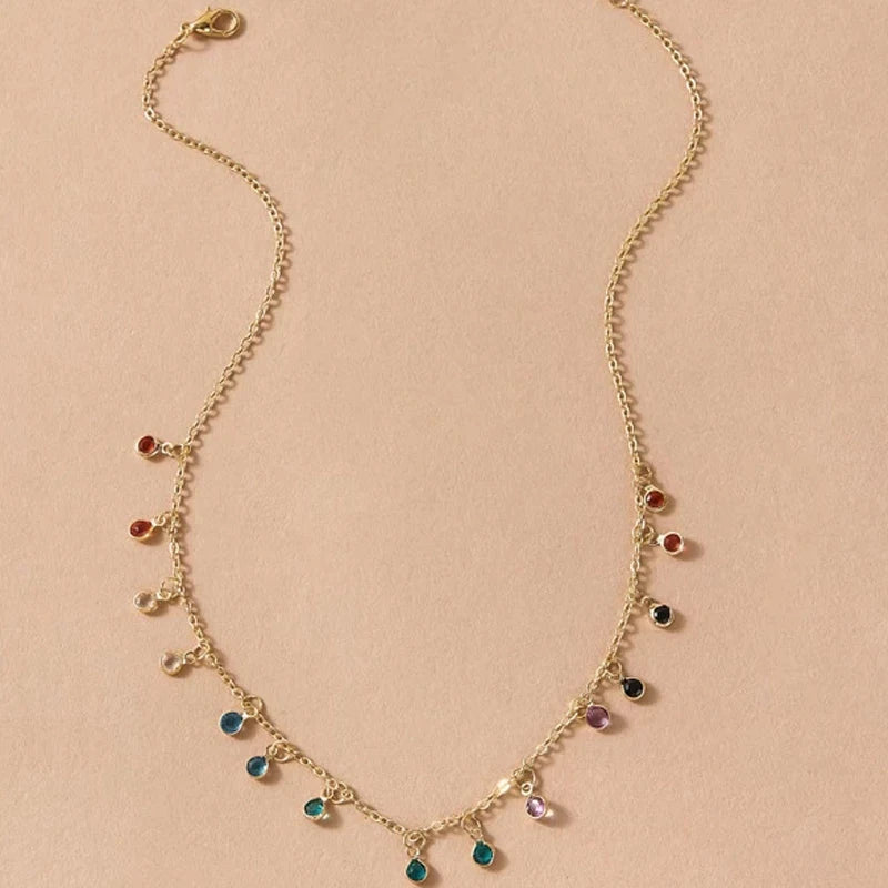 Colorful Crystal Clavicle Choker Necklace for Women Round Rhinestone Beads Gold Color Chains Jewelry on the Neck