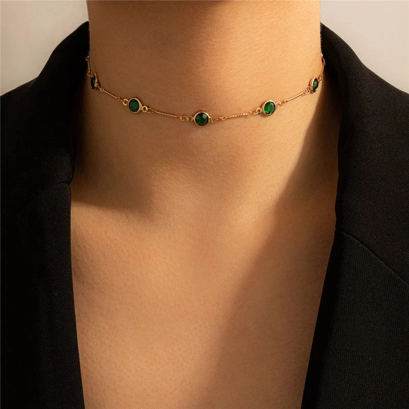 Colorful Crystal Clavicle Choker Necklace for Women Round Rhinestone Beads Gold Color Chains Jewelry on the Neck