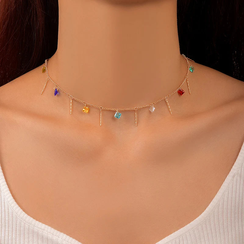 Colorful Crystal Clavicle Choker Necklace for Women Round Rhinestone Beads Gold Color Chains Jewelry on the Neck
