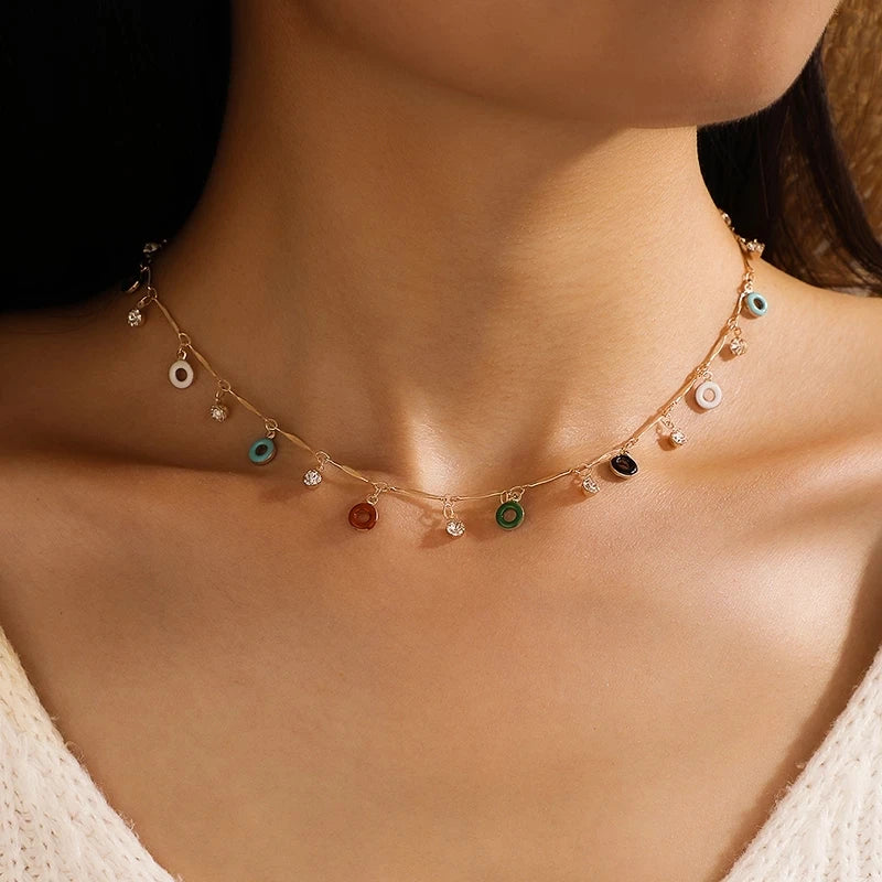 Colorful Crystal Clavicle Choker Necklace for Women Round Rhinestone Beads Gold Color Chains Jewelry on the Neck