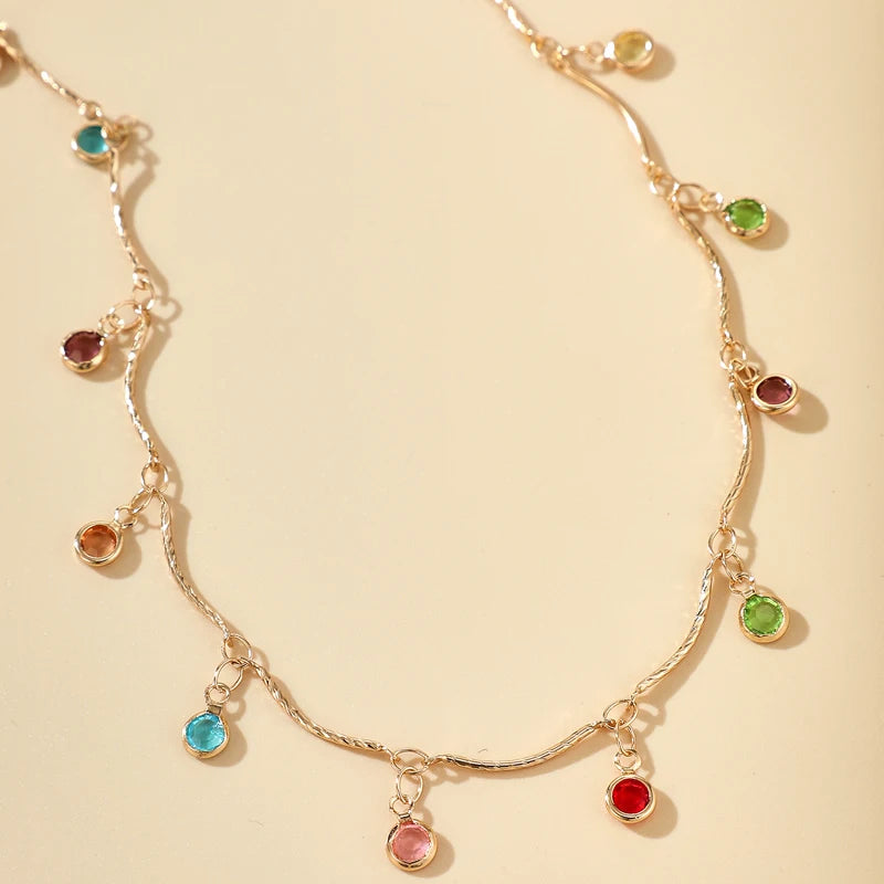 Colorful Crystal Clavicle Choker Necklace for Women Round Rhinestone Beads Gold Color Chains Jewelry on the Neck