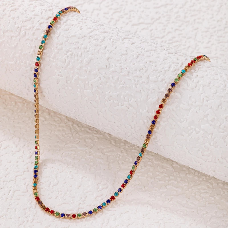 Colorful Crystal Clavicle Choker Necklace for Women Round Rhinestone Beads Gold Color Chains Jewelry on the Neck