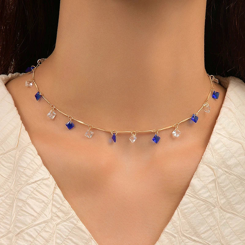 Colorful Crystal Clavicle Choker Necklace for Women Round Rhinestone Beads Gold Color Chains Jewelry on the Neck