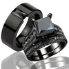 Couple Jewelry Lovers Rings Women's Black Zircon Engagement Ring Set Men's Stainless Steel Wedding Band Anniversary Gift