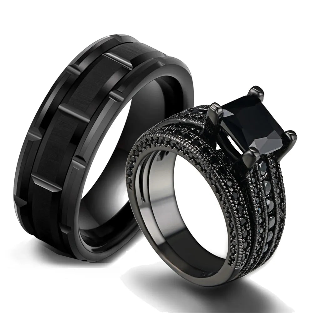 Couple Rings Romantic Women Black Rhinestones Zirconia Rings Set Simple Men Stainless Steel Ring Wedding Party Jewelry