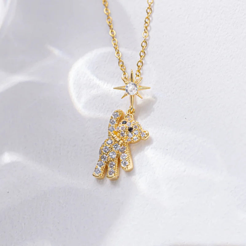 Delicate Bear Necklace Shiny Cubic Zirconia Cute Cartoon Bear Pendant Necklace for Women Valentine's Day Gift Jewelry
