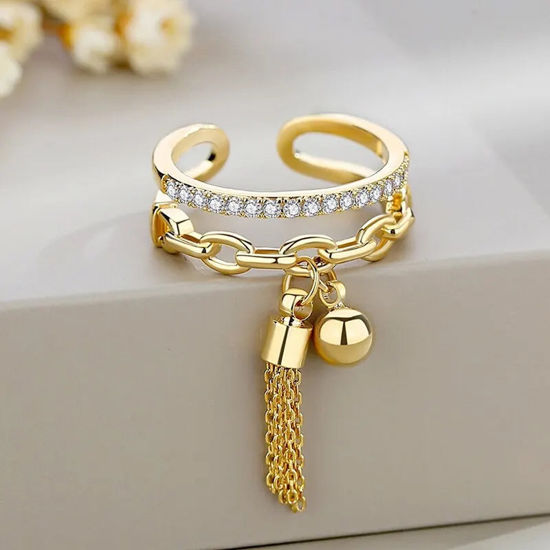 Gold-Color Open Adjustable Ring With Tassel For Women  Classic Hollowed Rhinestone Tassel Ring Jewelry Gift