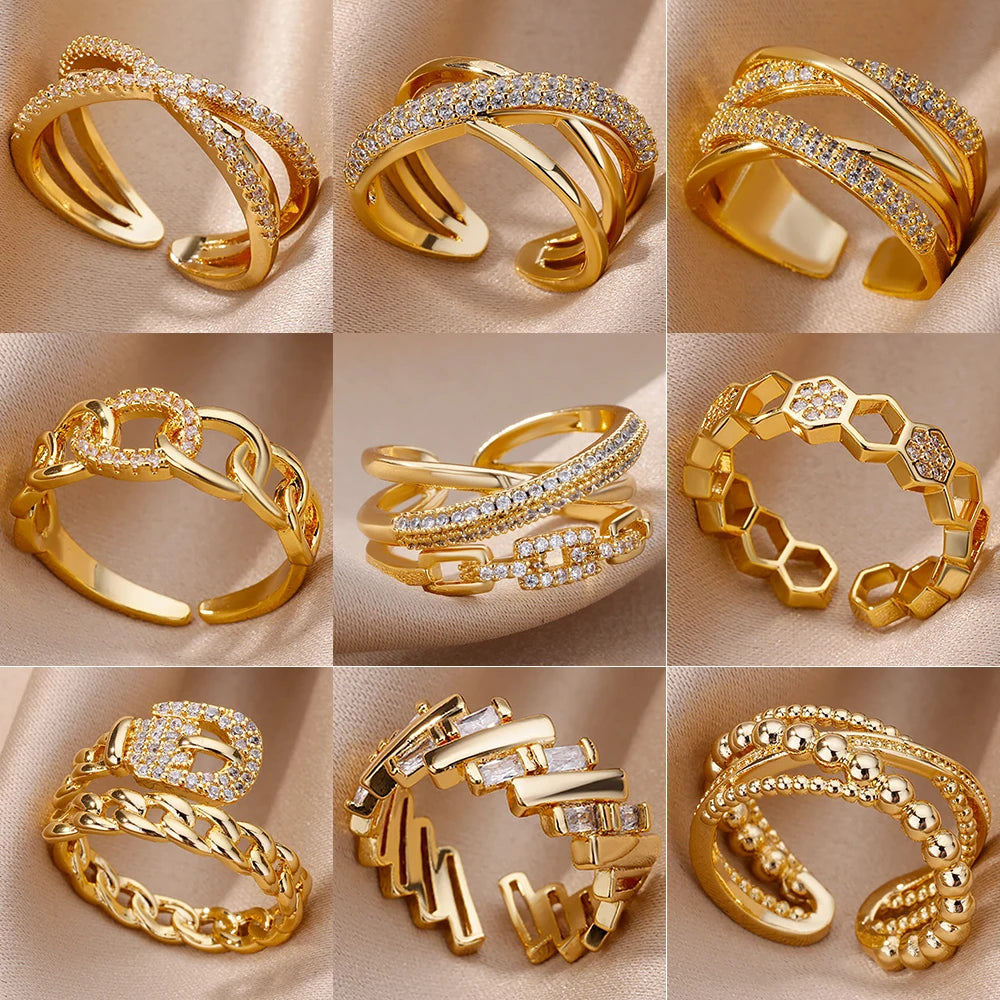 Gold Color Stainless Steel Rings For Women Chain Hollow Out Crystal Zircon Finger Ring Jewelry  Gift anillos mujer