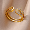 Gold Color Stainless Steel Rings For Women Chain Hollow Out Crystal Zircon Finger Ring Jewelry  Gift anillos mujer