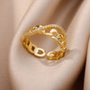 Gold Color Stainless Steel Rings For Women Chain Hollow Out Crystal Zircon Finger Ring Jewelry  Gift anillos mujer