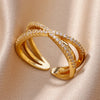 Gold Color Stainless Steel Rings For Women Chain Hollow Out Crystal Zircon Finger Ring Jewelry  Gift anillos mujer